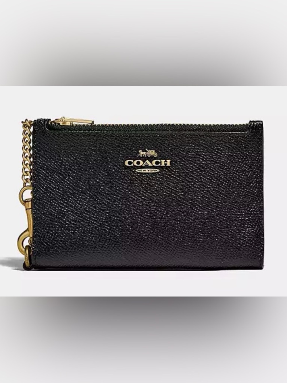 Coach Zip Chain Card Case. Black leather wallet.